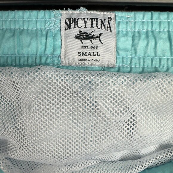 SPICY TUNA Aqua Swim Trunks Size Small Light Blue Palm Leaf Print Mesh Lined - Picture 6 of 10